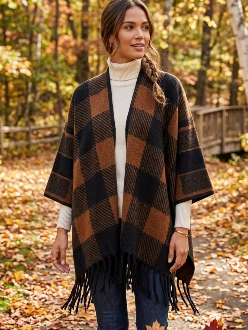 Estee Brown Checked Tassel Hem Open Front Boho Cardigan Sweater Poncho OS